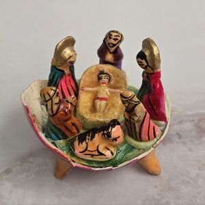 **SOLD** Rare Vintage Miniature Hand Painted Clay Nativity Folk Art in Shell